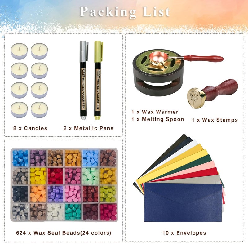 TRINIDa Wax Seal Kit, Premium Wax Seal Stamp Kit with 24 Colors 624 Pcs Beads, Metallic Pens, Warmer, Spoon and Tea Candles for Wedding Invitation, Letter Envelope, Gift Cards & DIY Crafts - Image 4